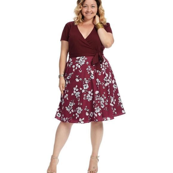Eshakti Twofer Burgundy Floral True Wrap Dress, 14w